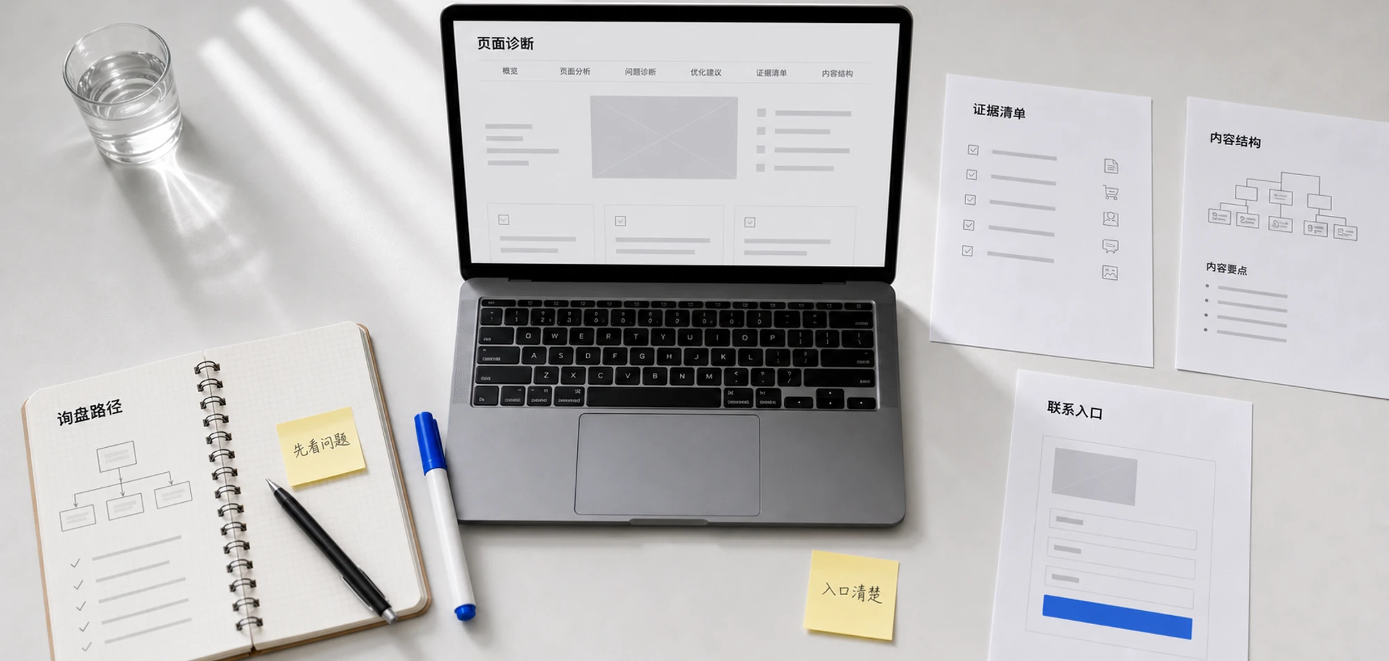UPDD 用于梳理企业官网、访客问题、证据资料和联系入口的诊断工作台